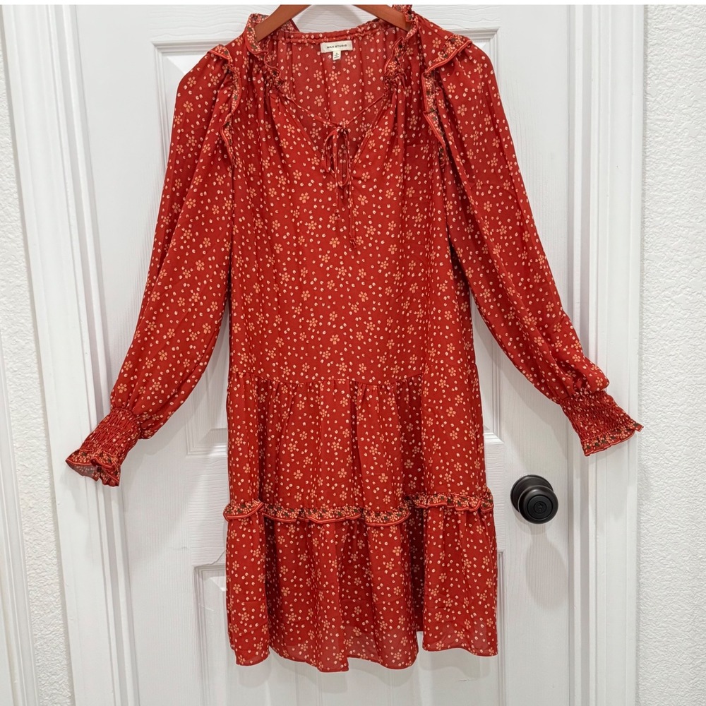 Max Studio Floral Print Mini Dress Bohemian Boho Fall Autumn Color prairie Small
